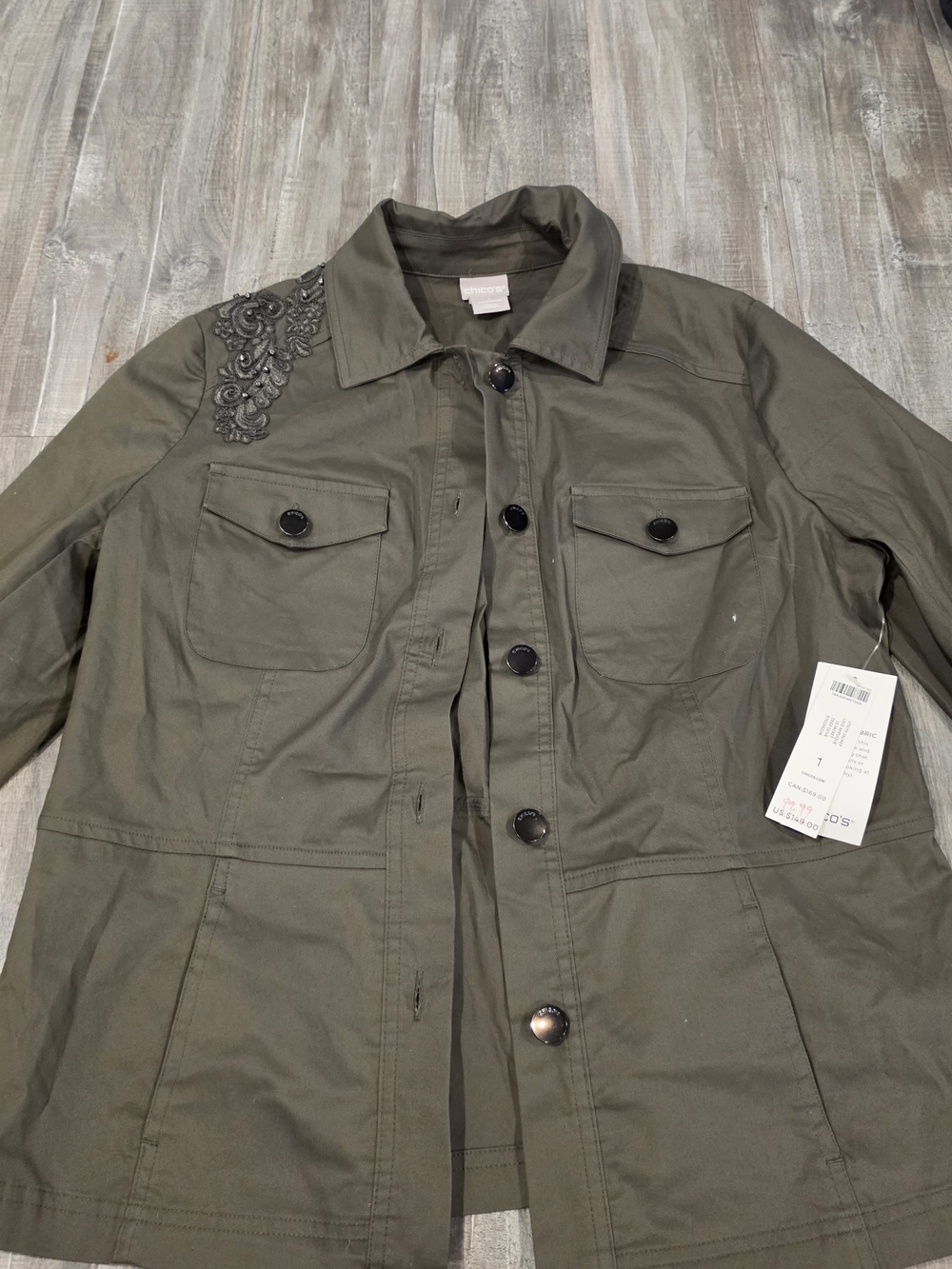 Chico's Olive Green Military Field Jacket with Embroidered Shoulder